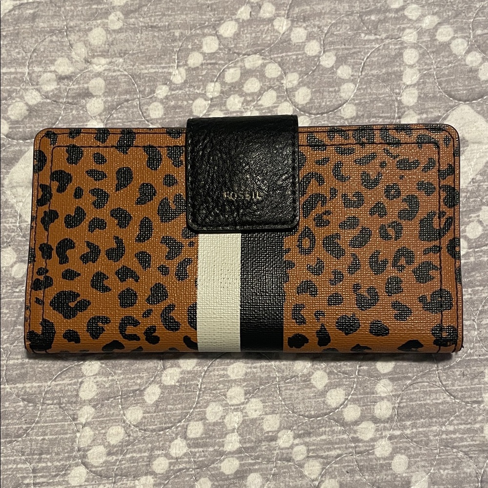 Fossil Tan Leopard Print Wallet with Black and White Stripe